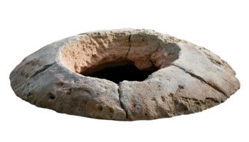 ancient stone hole in the ground with weathered rough edges, circular carved rock pit with erosion marks, old excavation site or historical structure, on isolated background png