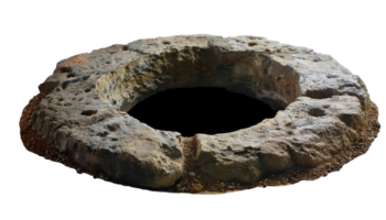 ancient weathered stone circle with a large hole in the center, rough textured rock formation with natural erosion marks, historic stone ring isolated background png