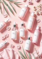 Flat lay composition with cosmetic products and flowers on light pink background. Pretty Pink Skincare Collection photo