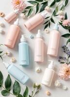 Flat lay composition with cosmetic products and flowers on white background. Pastel Beauty Products Flatlay photo