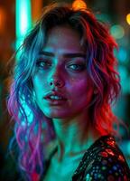 Fashion portrait of a girl with pink hair in neon light. Neon Nights Portrait photo