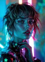 sexy girl with bright make-up and hairstyle in neon light. Cyberpunk Neon Beauty photo
