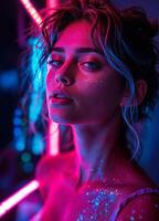 Portrait of a beautiful young woman with bright makeup in neon light. Neon Glow Portrait photo