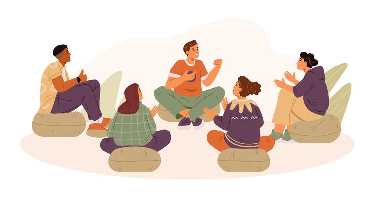 Man sharing his success in group therapy session flat illustration. People applauding, supporting and congratulating member of the group.