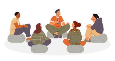 Group therapy session flat illustration isolated on white. Diverse group of people sitting in a circle on the floor discussing their psychological problems. vector