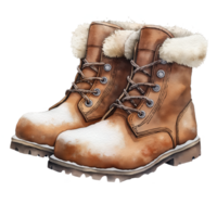 A pair of brown boots with fur on the top and a white sole png