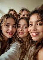 Portrait of a group of smiling young women taking a selfie with a smartphone. Friends Selfie photo