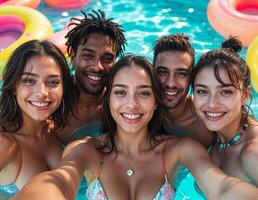 Portrait of group of friends having fun in swimming pool at summertime. Summer Pool Party photo