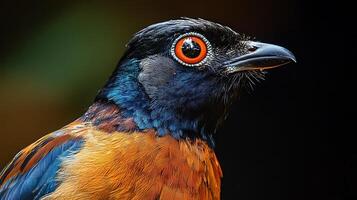 A close-up of a superb starling, showing its brilliant orange eye and iridescent blue and orange feathers, set against a blurred background. photo