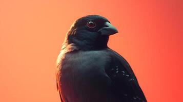 Close up of a dark plumage bird against a reddish gradient background. The bird's eye is visible, perched, turning its head to the right. photo