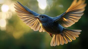 Graceful Bird in Flight A captivating image of a bird mid-air, its wings spread wide, illuminated by soft, natural light. photo