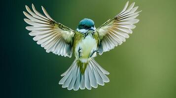 Bird in Flight A vibrant small bird with green and white plumage soars with wings outstretched against a blended green backdrop. photo