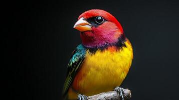A colorful bird with red, yellow, and blue feathers perched on a branch with a dark background. The bird looks to the left of the frame. photo