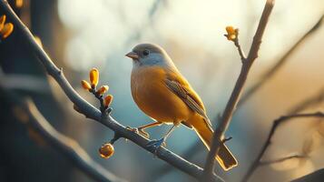 A small bird sits on a tree branch. The bird is yellow and white, and the tree branch has some small yellow buds. photo