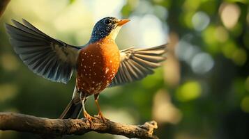 A beautiful robin perched on a branch, wings spread, illuminated by sunlight, amidst lush greenery in a serene outdoor setting. photo