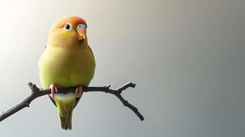 A peach-faced lovebird perches gracefully on a twig, its vibrant plumage a delightful contrast against the soft, neutral background. photo