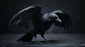 Raven in Dramatic Pose A striking portrayal of a black raven with outstretched wings against a dark, moody backdrop. photo