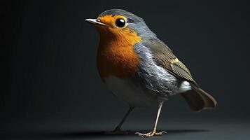 Charming portrait of a small bird, known for its vibrant orange breast and grey plumage, perched against a dark background. photo
