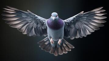 A pigeon soars with its expansive wings spread wide, set against a dark background, showcasing the beauty of avian flight. photo