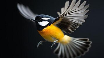 Small bird in mid-flight against a dark background with wings spread wide, highlighting its colorful feathers and delicate structure. photo