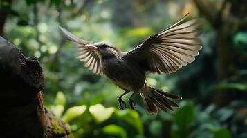 Bird in flight A small bird with wings outstretched soars through a lush green forest, capturing the essence of freedom in nature. photo