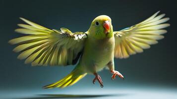 Green Parrot in Flight A vibrant parrot with outstretched wings takes flight, showcasing its beautiful plumage against a soft backdrop. photo