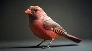 A vibrant bird stands against a dark background, displaying striking red plumage and detailed feather texture. Its beak is orange. photo