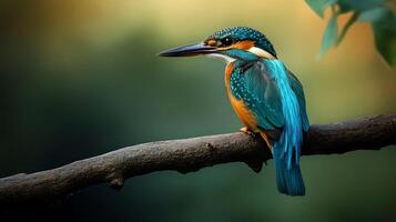 Vibrant kingfisher perched on a branch against a blurred backdrop. Its beautiful plumage is a sight to behold Nature at its finest. photo