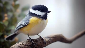 A vibrant small bird perched on a branch with plumage of gray, yellow, white, and black in a soft, neutral setting. photo