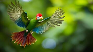 Colorful bird in flight with vibrant plumage, green, red, and blue, against a lush green background. A tropical avian spectacle. photo