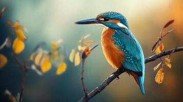 A vibrant kingfisher perched on a branch, showcasing its brilliant blue and orange plumage against a soft, natural backdrop. photo