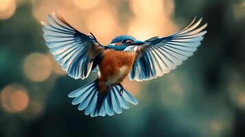 A vibrant bird in flight, showcasing its blue and orange plumage against a soft bokeh background, wings fully spread. photo
