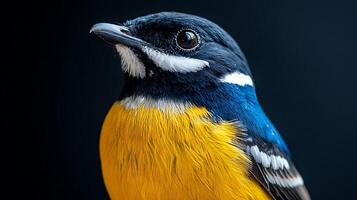 Close-up of a vibrant bird with contrasting yellow and blue feathers, showcasing intricate detail against a dark background. photo