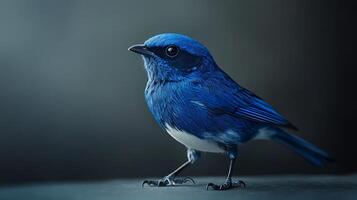 Striking portrait of a vibrant blue bird against a blurred, dark background, emphasizing its plumage and delicate features. photo