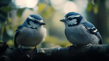 Two beautiful blue jays perch closely, their curious eyes meeting in a quiet forest moment, showcasing nature's simple elegance. photo
