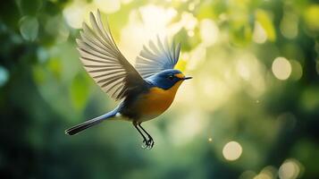 A vibrant bird with wings spread wide soars through a sun-dappled forest, creating a scene of natural beauty and peaceful movement. photo