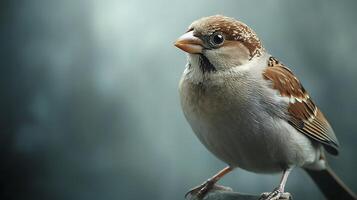 A charming sparrow perched gracefully with its delicate features enhanced by soft lighting against a tranquil, blurred backdrop. photo