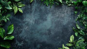 Dark textured background surrounded by fresh green foliage. Perfect for showcasing products with natural elegance and understated beauty. photo
