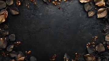 Elegant black background accented with golden leaves. Ideal for sophisticated designs, adding a touch of luxury and natural beauty. photo