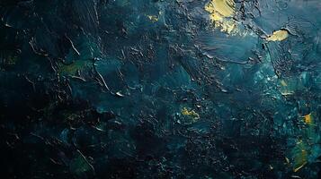 Abstract artwork featuring a textured surface with dark blues, greens, and touches of yellow, creating a somber yet captivating piece. photo