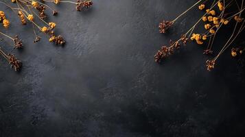 A simple background with brown and gold dried flowers in the corners of a dark, textured flat surface. Perfect for adding your own element. photo