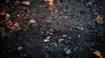 Close-up of dark rock fragments, illuminated with warm light creating texture and depth in a simple abstract composition. photo