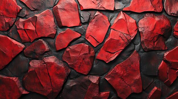 Red rock wall with texture and jagged edges creates an abstract pattern against a dark background. Rough rock texture creates visual depth. photo