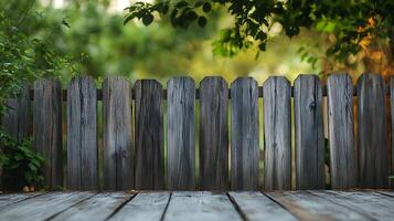 Weathered wooden fence and deck with lush green background A rustic scene with a sense of tranquility and natural beauty. photo