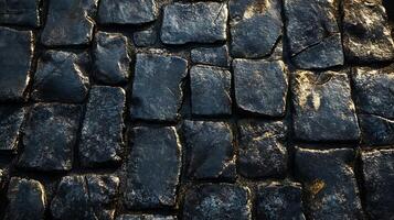 Dark stone block paving background with an irregular pattern that reflects light and shadow. The blocks form a rough, textured ground. photo