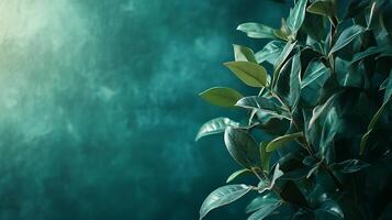 Lush green leaves contrast with a textured teal background creating a sense of nature, tranquility, and depth in the composition. photo