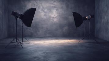 A photography studio is set up with studio lights, casting a spotlight on the floor against a textured wall creating a moody atmosphere. photo
