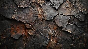 Cracked, weathered rock texture with a mix of dark gray and rust-colored tones forming a mosaic of broken surfaces. Aged and rustic. photo