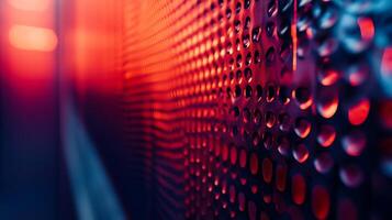 Abstract perforated metal surface glowing with a red and blue neon light. A unique background texture with an industrial aesthetic. photo