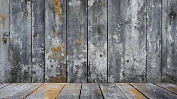 Distressed gray wooden backdrop with flaking paint, showcasing texture and aged charm. A rustic and weathered surface. photo